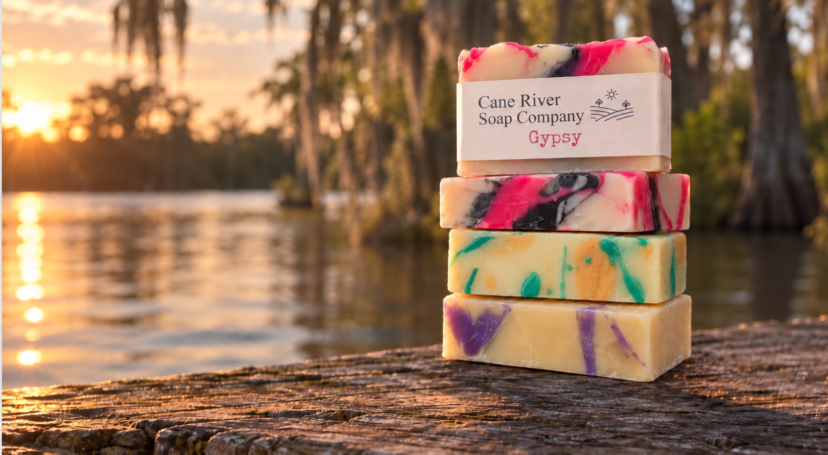 Stack of four handmade Cane River Soap Company bars on a weathered dock at sunset, with Spanish-moss cypress trees and water in the background